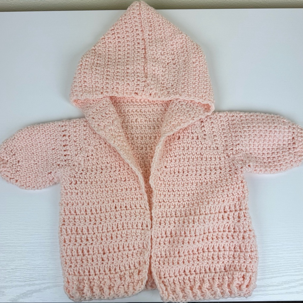 Vintage Handmade Baby Cardigan Hooded Crochet Peach Sweater Cottagecore Infant